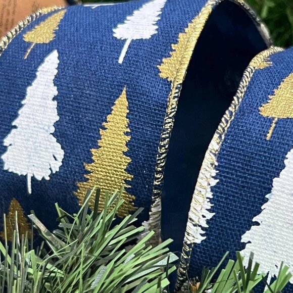 Navy Blue With Gold Stamping and White Printing Christmas Tree Design Ribbon - Picture 5 of 6